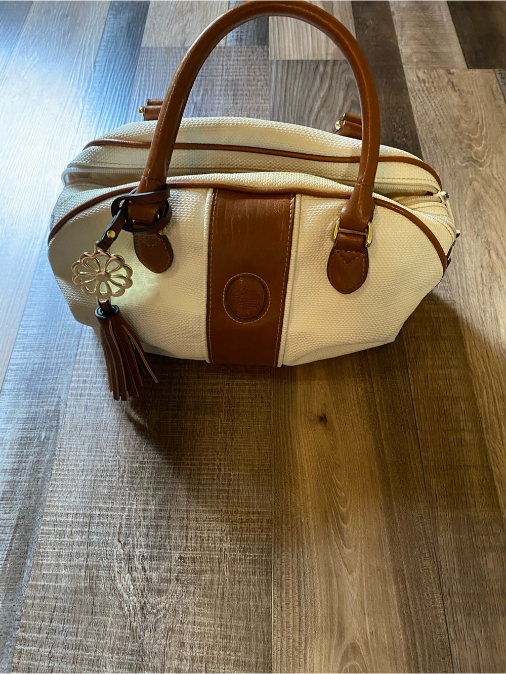 Source Unknown Cream and Brown Structured Satchel with Tassel Charm